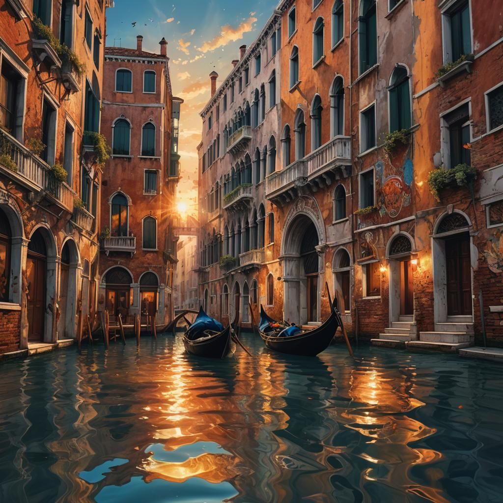 Venice Sunset: Hyperrealistic Splash Art