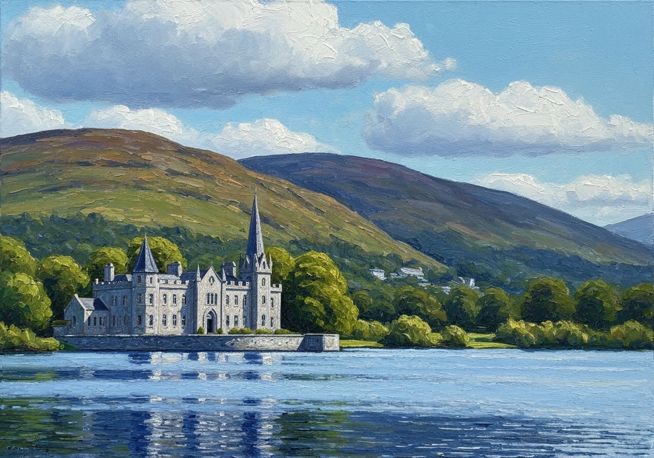 Kylemore Abbey, Ireland, from the lake with the hills behind