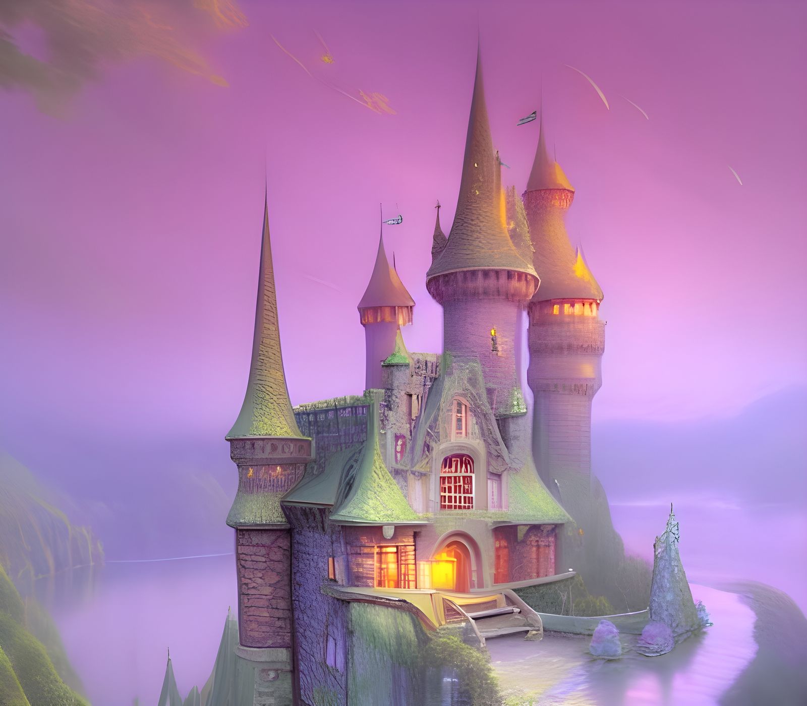Ethereal Fairytale Castle Illustration in Oil Painting Style