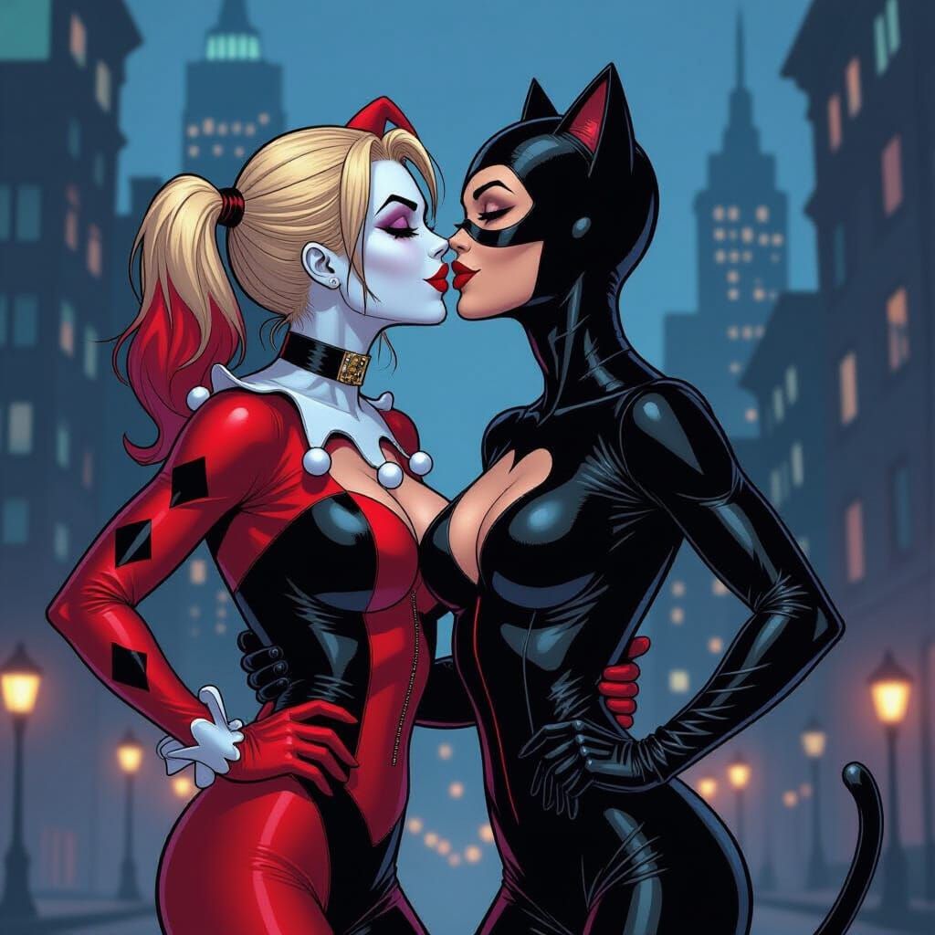 Harley Quinn and Catwoman Kiss in Comic Book Style