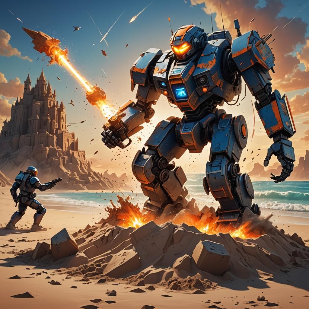 Robot Demolishes Sandcastle in Dystopian Sci-Fi Art