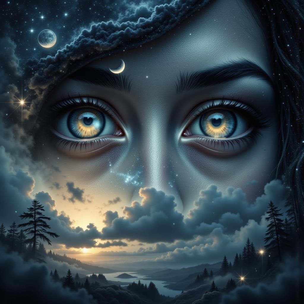 Surreal Portrait of Eyes Reflecting Starry Sky