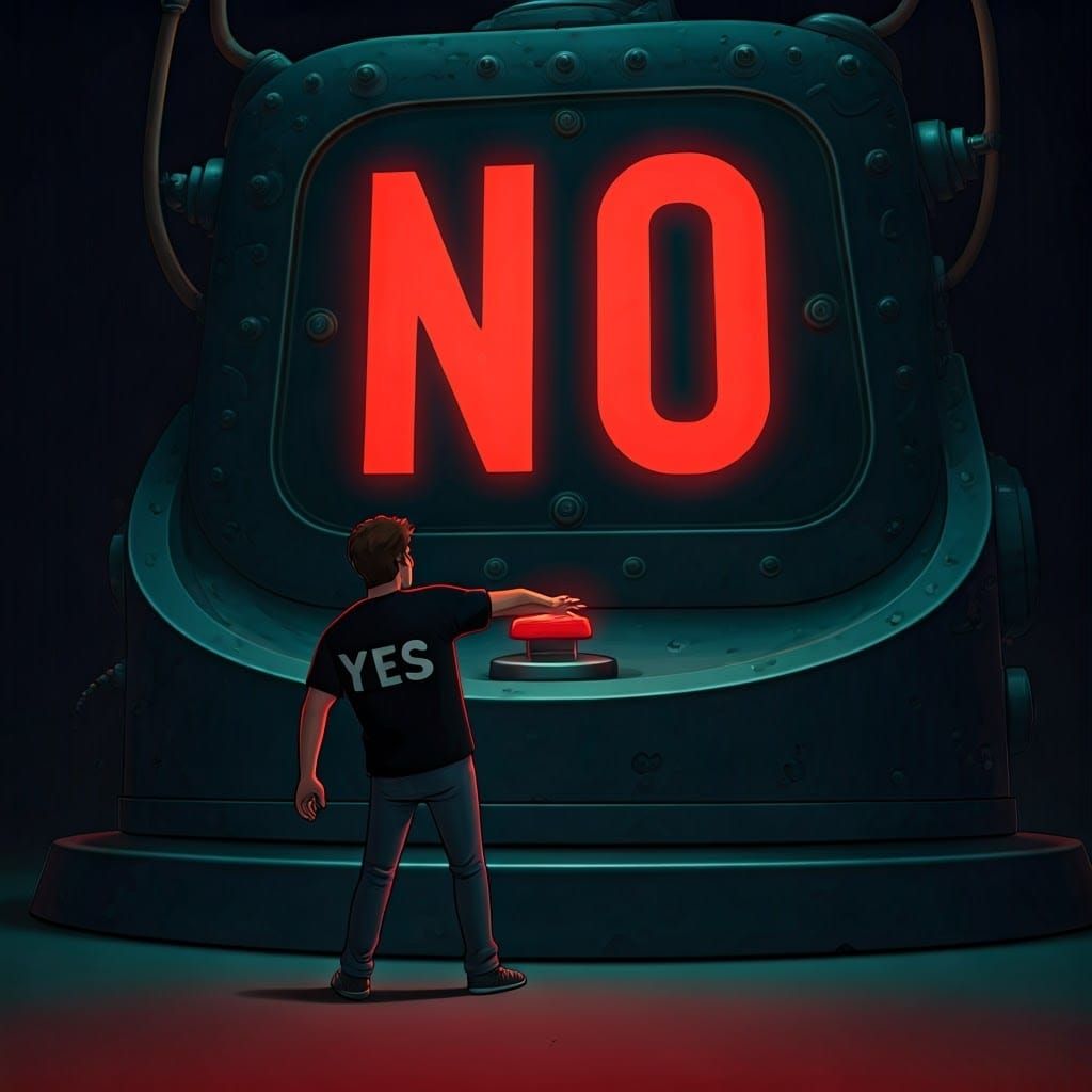 Man Presses Giant Red Button, Contrasting Messages