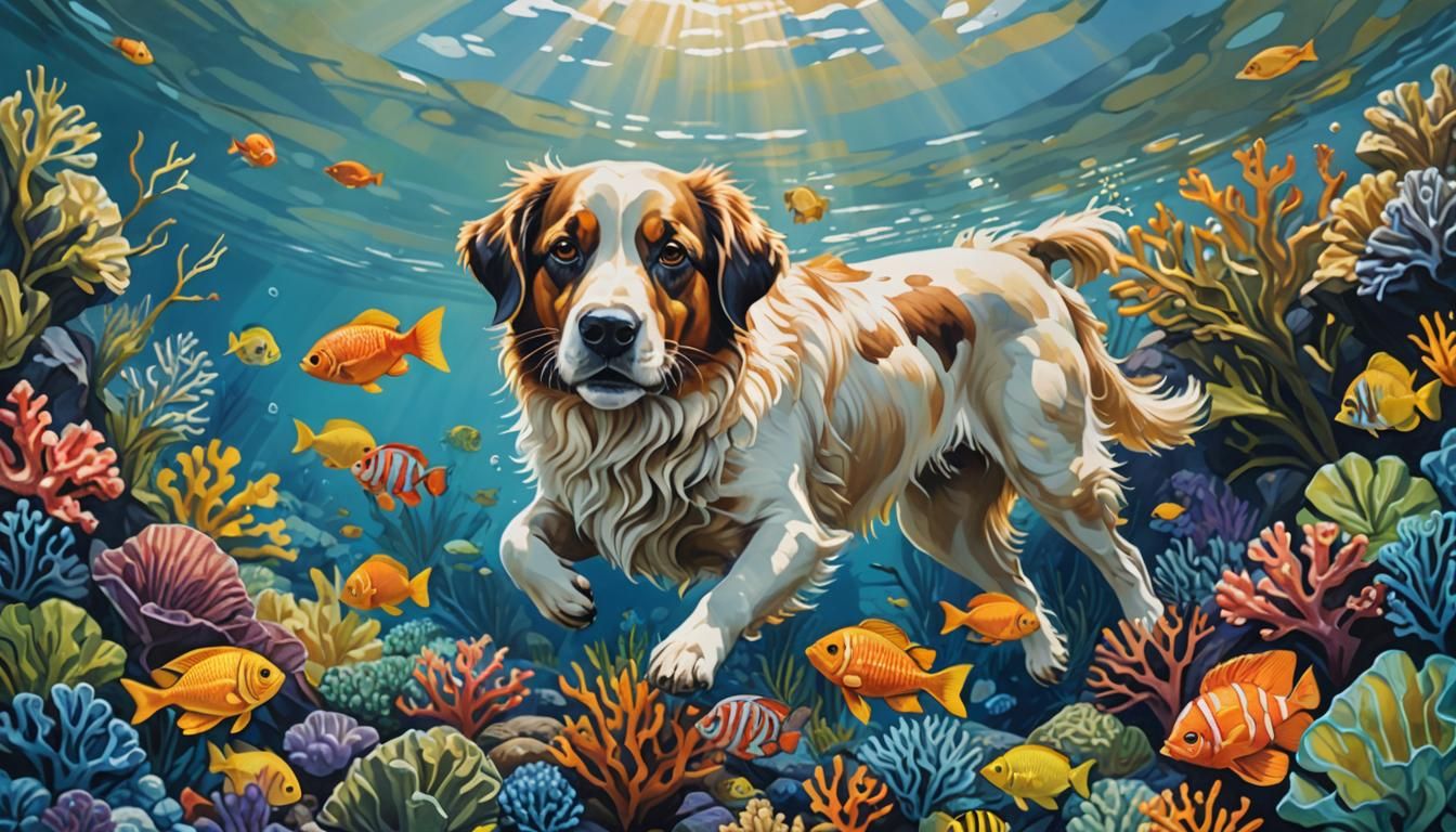 Dog Underwater with Tropical Fish in Gouache Style