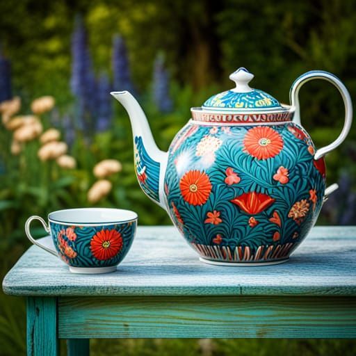 Teapot and Cups in Garden, William Morris Style