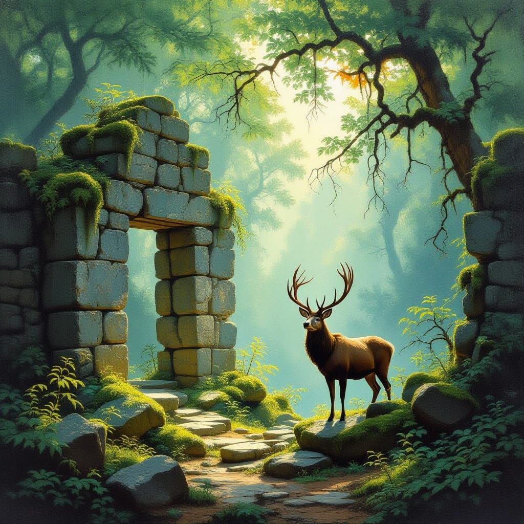 Ancient Forest Ruin Guarded by Majestic Stag Painting