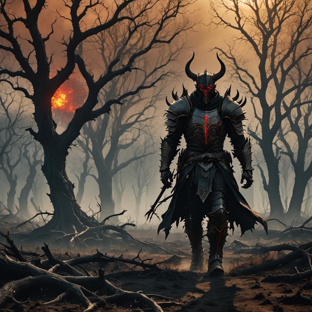 Demon Knight in Barren Field: Dark Fantasy Matte Painting