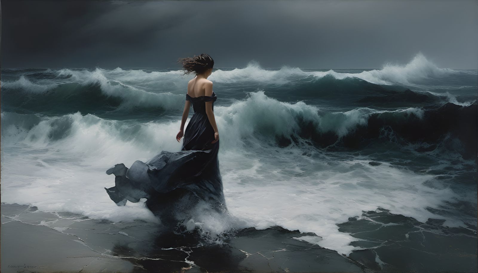 Melting Dress in Ocean Tempest: Photorealistic Portrait