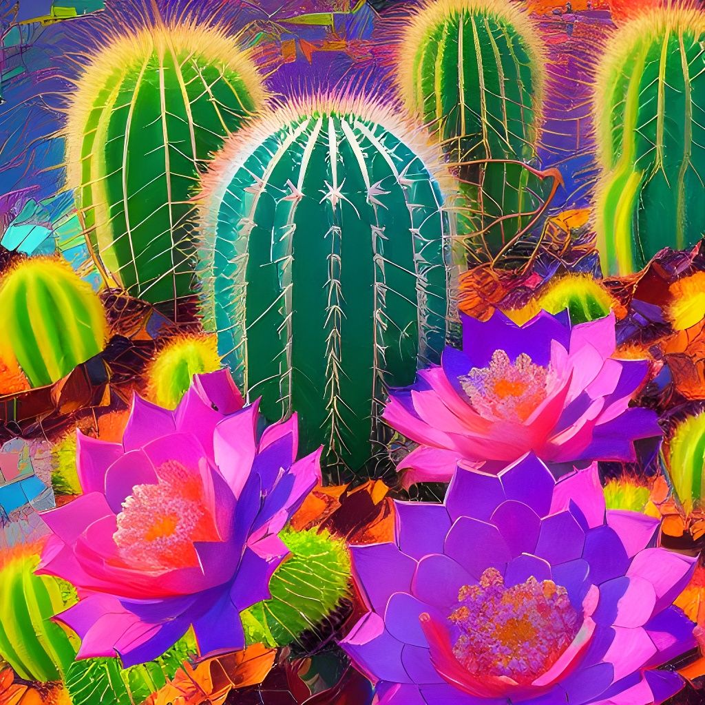 Blooming Cactus Oil Painting in Plein Air Style