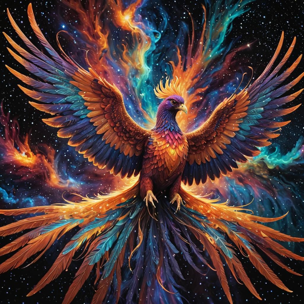Cosmic Phoenix Rises in Vibrant, Iridescent Splendor