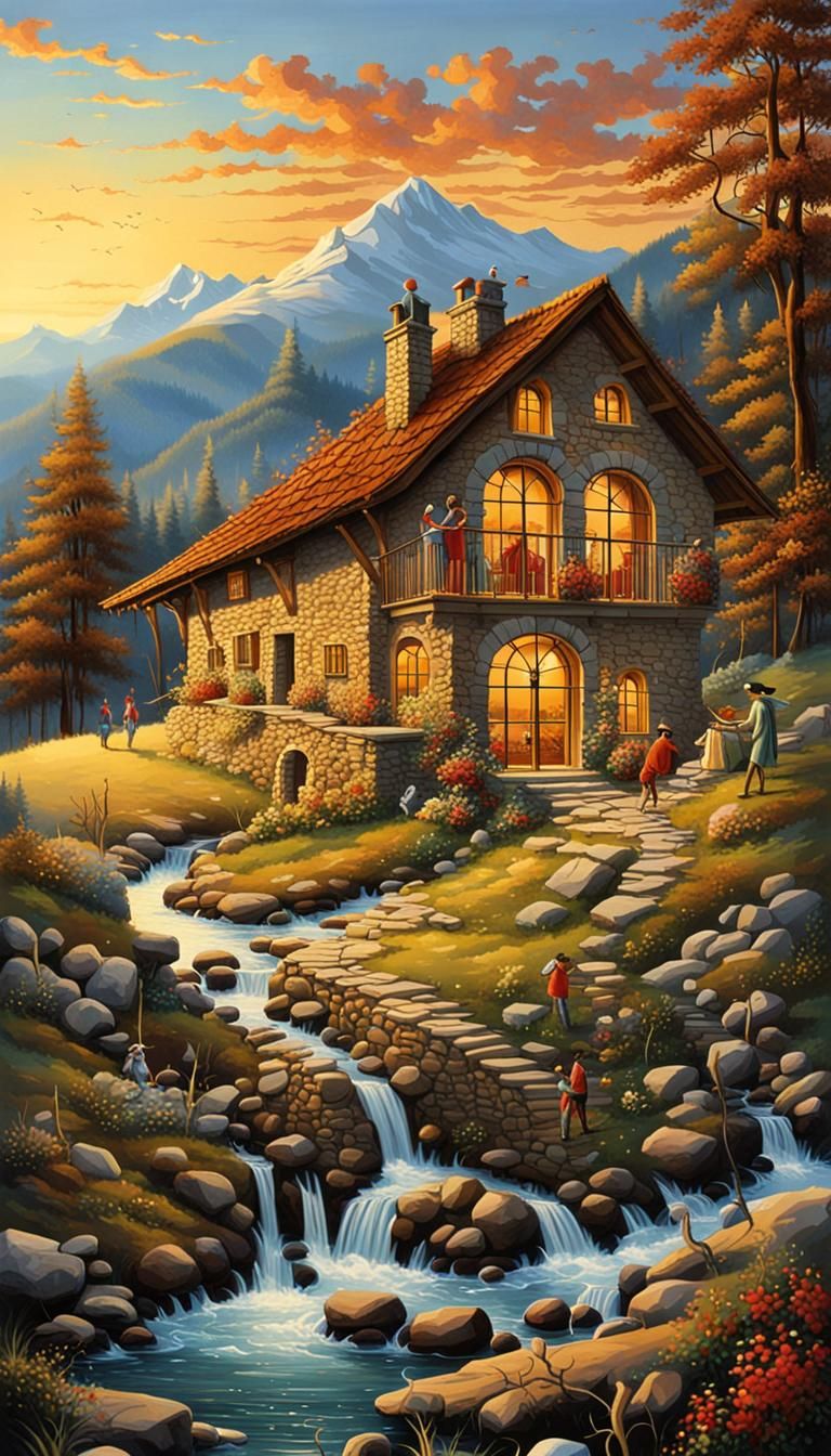 Surrealist Sunset with Melting Clocks in Mountains