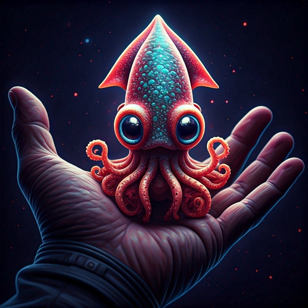 Adorable Squid Alien in Astronaut's Palm: Cosmic Fantasy