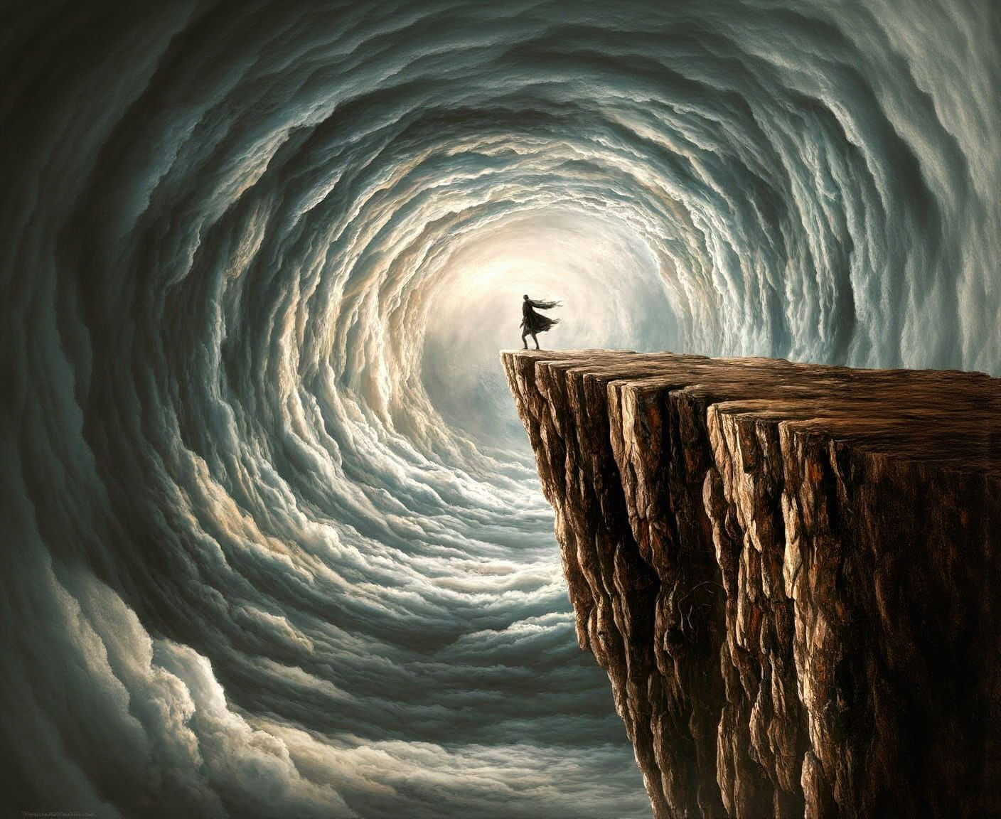 Figure on High Cliff Overlooking Cloud Vortex