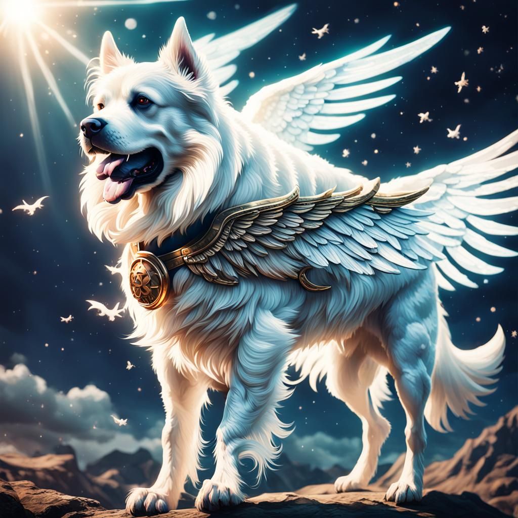 Winged Celestial Dog in Flight, Cinematic Style