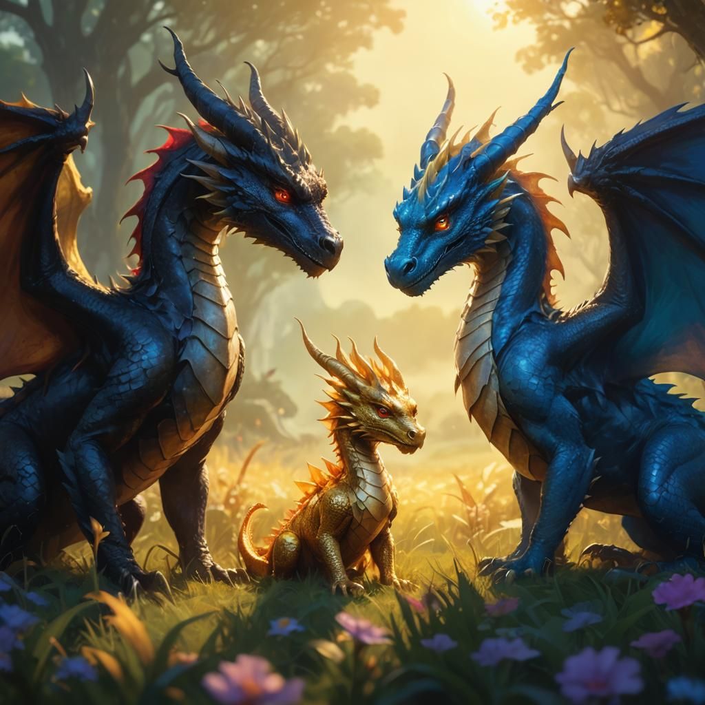 Golden Dragon Cub with Parents in Field