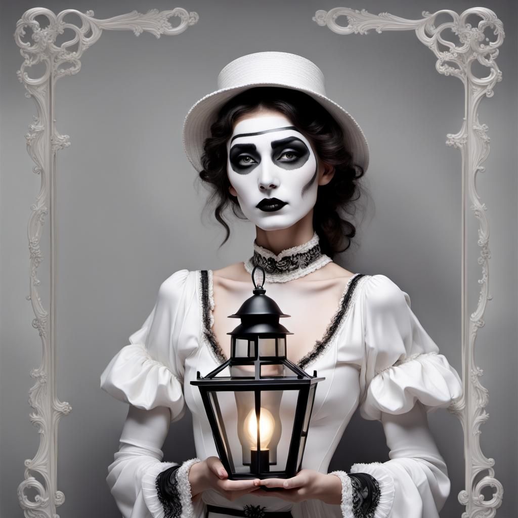 Elegant Woman with Lantern in Mime Style