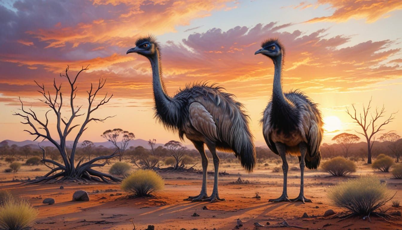 Australian Desert Emus Bask in Sunrise