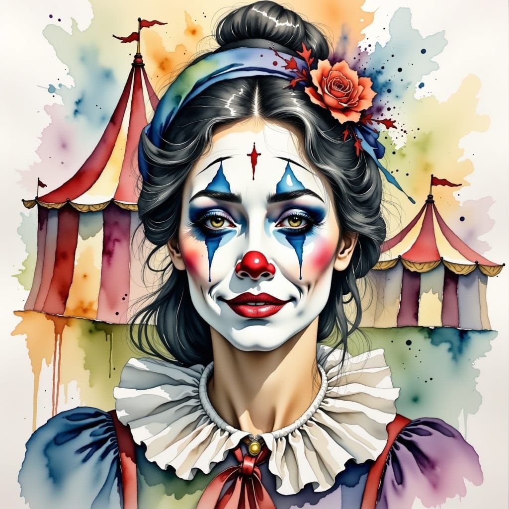 Sad Mime's Dual Emotions in Watercolor Style