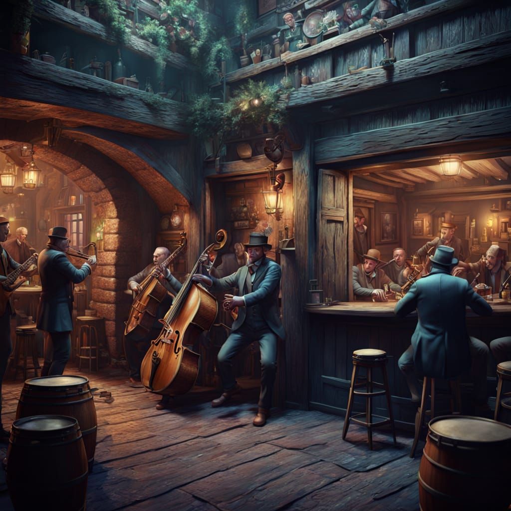 Jazz Band in Secret Tavern Room: Fantasy Concept Art