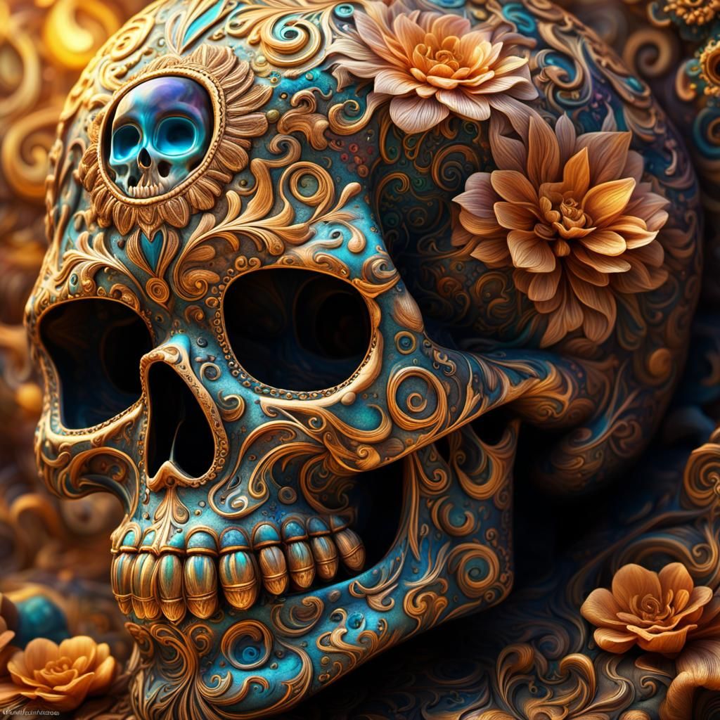 Sugar Skull Portrait in Vibrant, Swirling Patterns