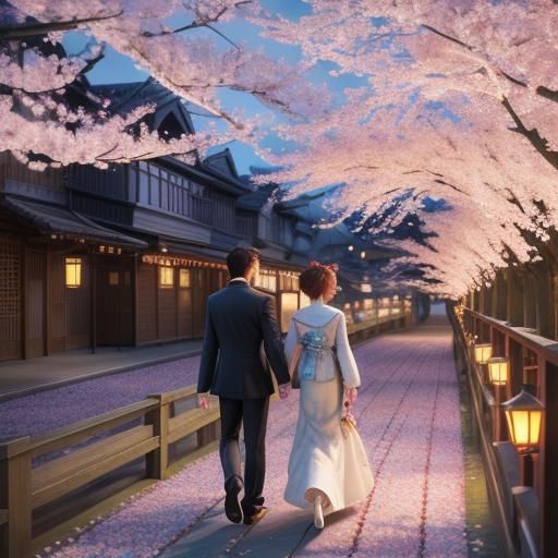 Romantic Anime Couple at Cherry Blossom Festival