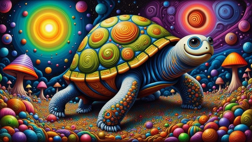 Surrealist Cosmic Turtle Rides Vibrant, Hand-Painted Forest ...