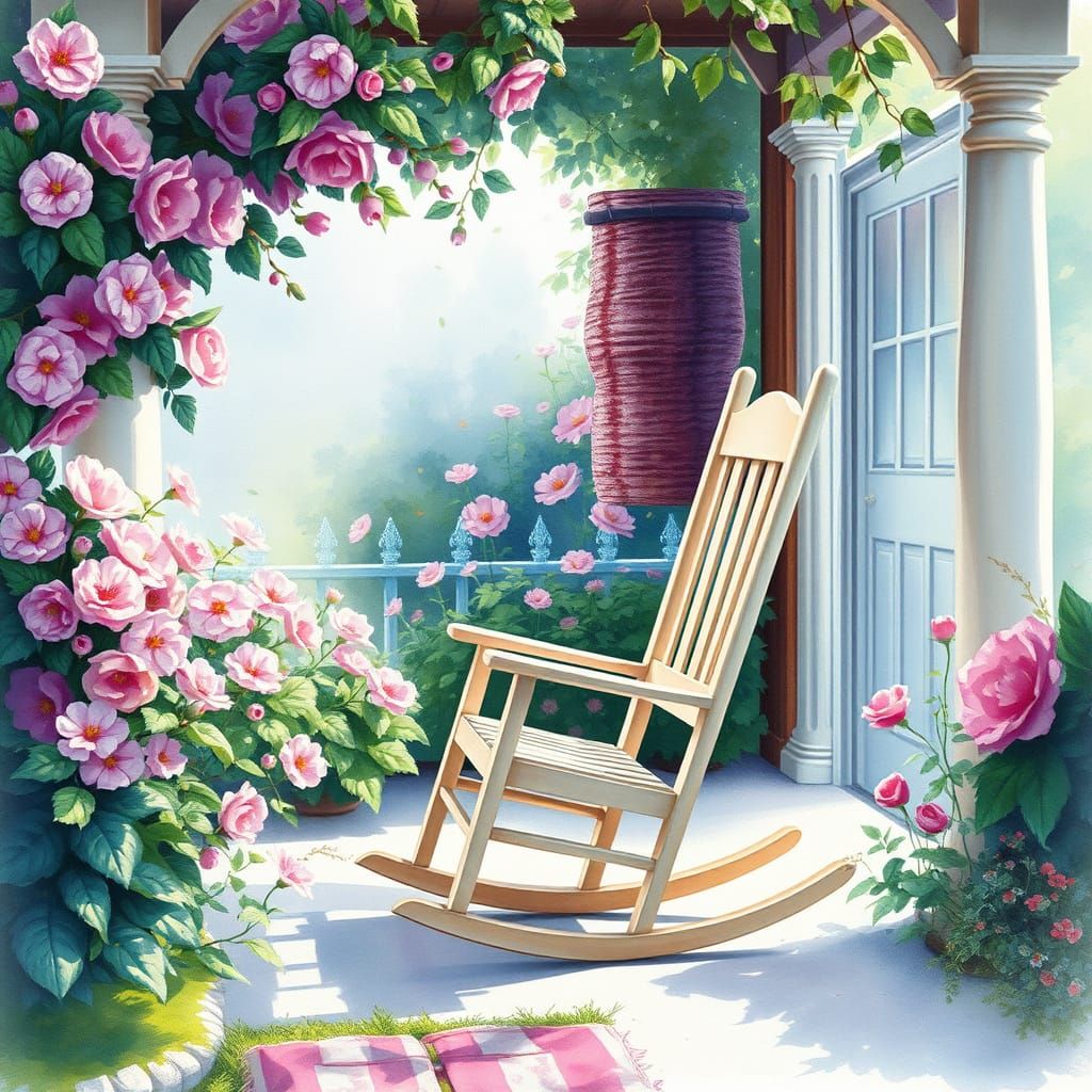 Watercolor Rocking Chair on Cozy Cottage Porch
