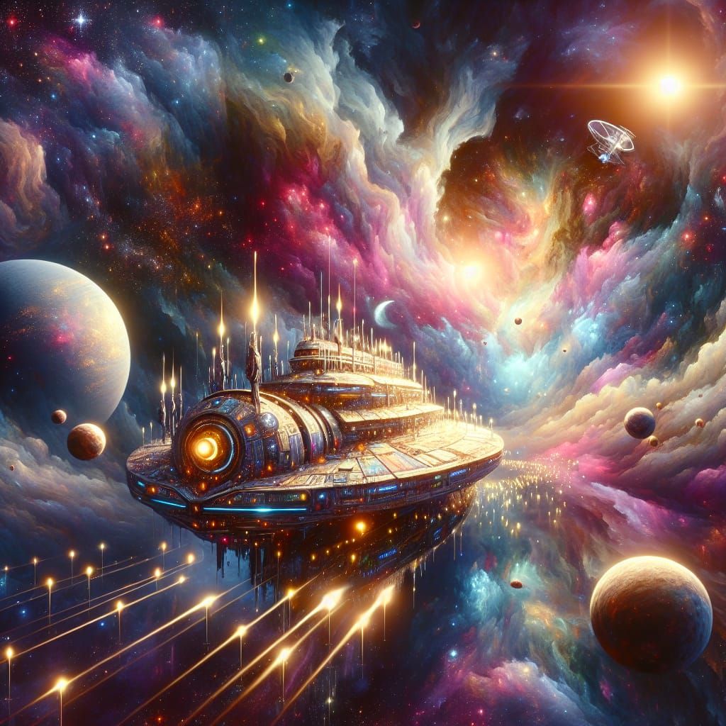 Galactic Voyage: Stardust Ship Matte Painting