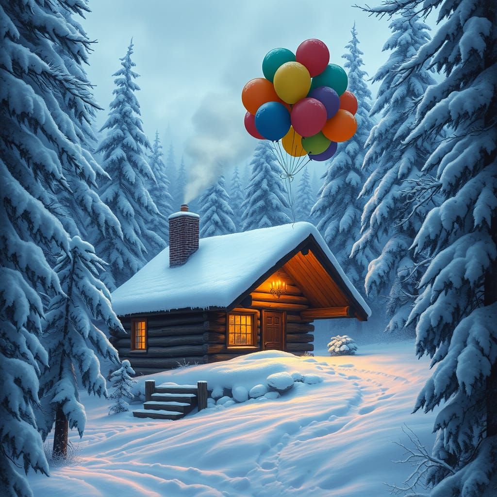 Snowy Cabin with Balloons, Matte Painting Style
