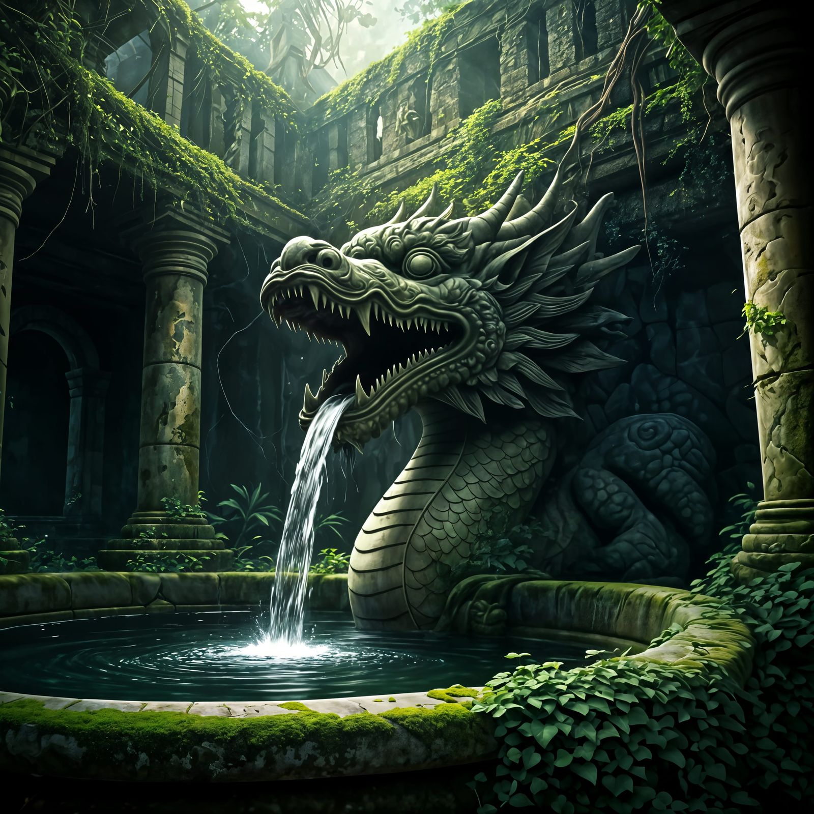 Majestic Stone Dragon Fountain in Overgrown Temple