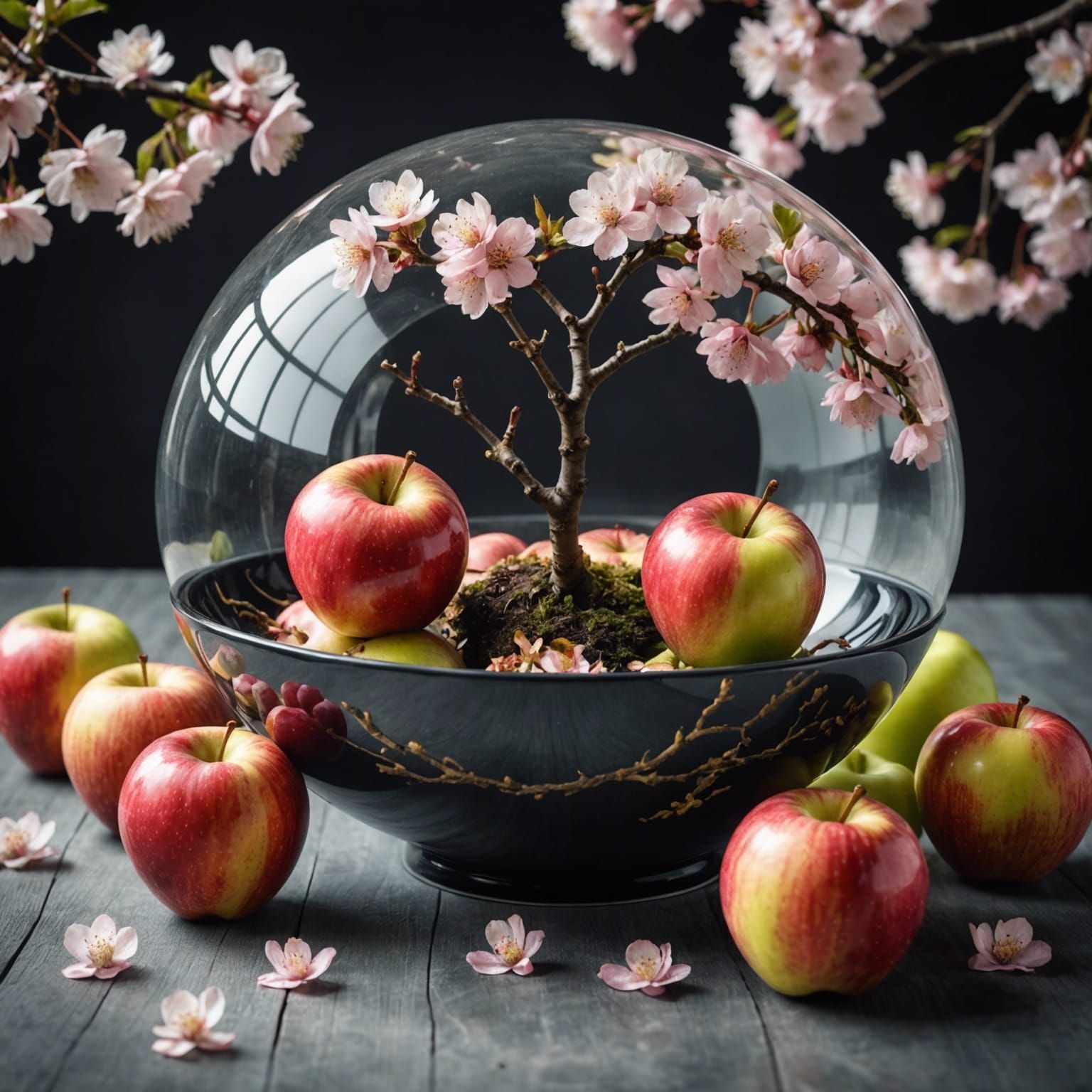 Yin Yang Apples with Cherry Blossom Double Exposure