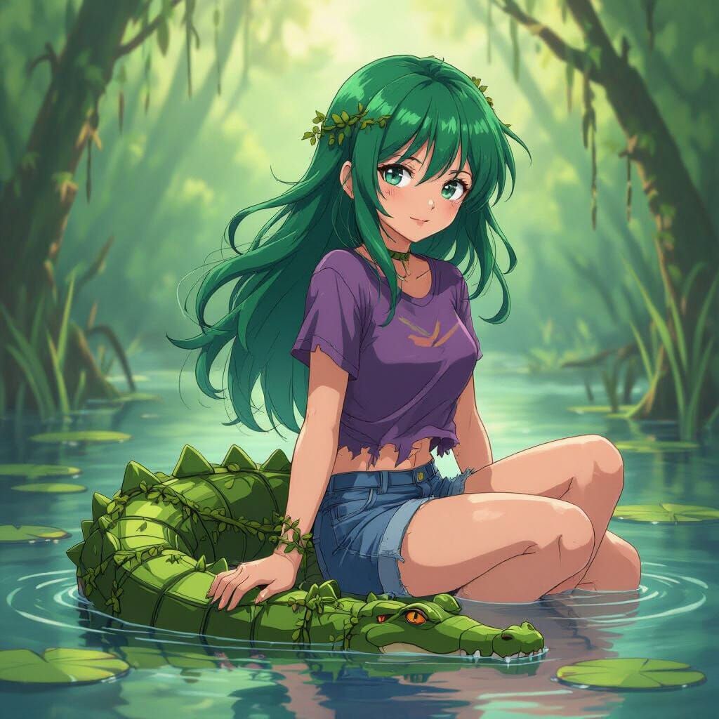 Swamp Girl with Crocodile Tail in Anime Style