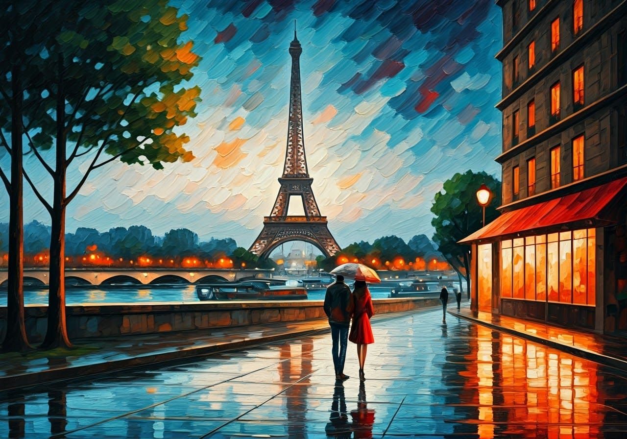 Parisian Romance: Couple by Eiffel Tower in Post-Impressioni...