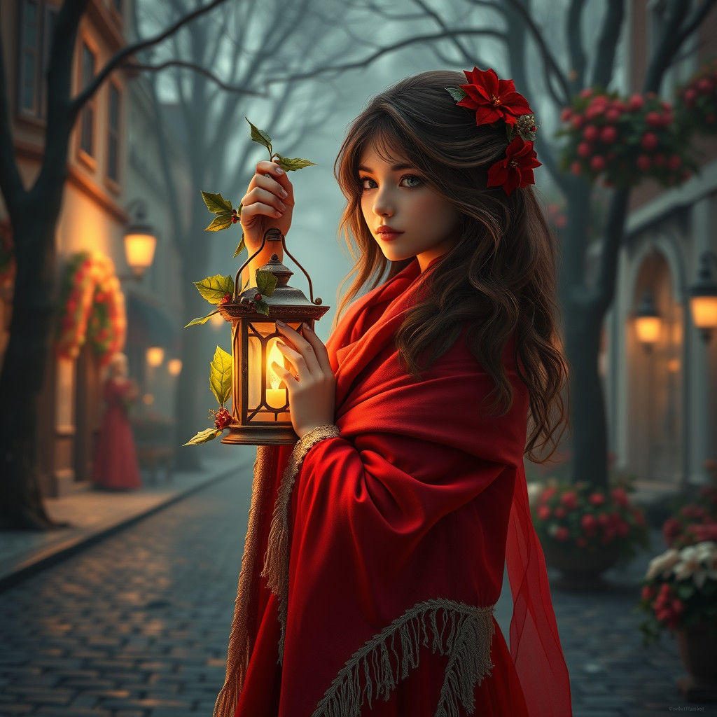 Girl with Lantern in Dreamy Christmas Scene