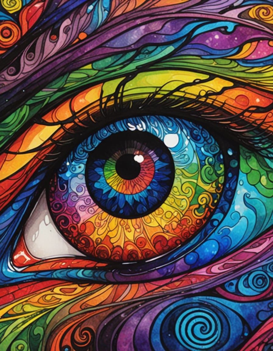 Vibrant Rainbow Eye Splash Art in Intricate Watercolor Style
