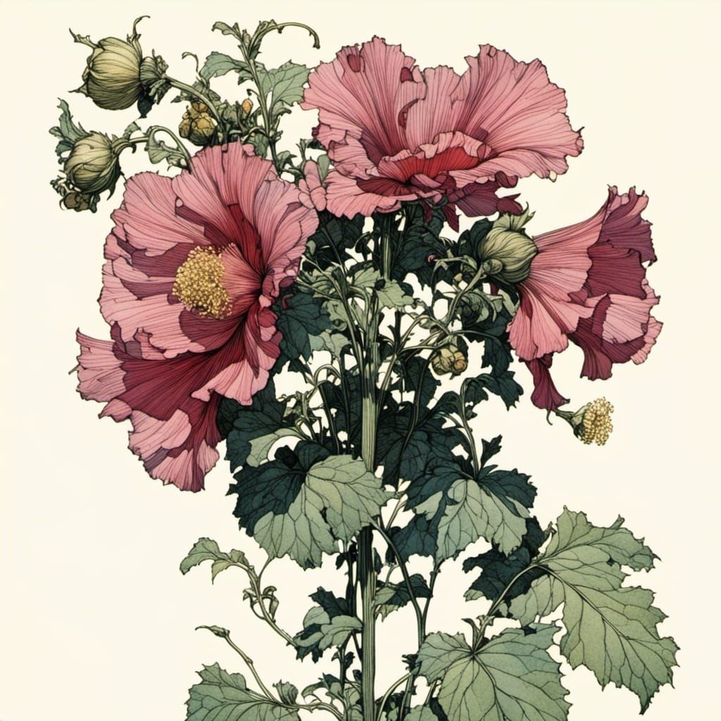 Enchanted Hollyhock Blossom in Detailed Illustration Style