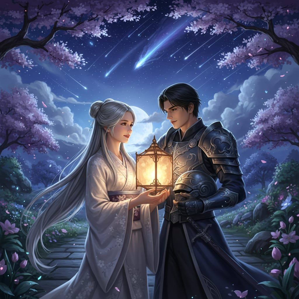 Close-up. Cinematic, moody illustration. A poignant romantic scene where two lovers, a woman with silver hair (in twin b...