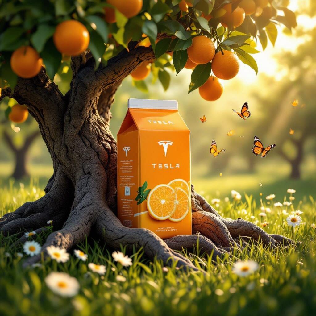 Tesla Orange Juice Carton in Enchanting Sunlit Grove