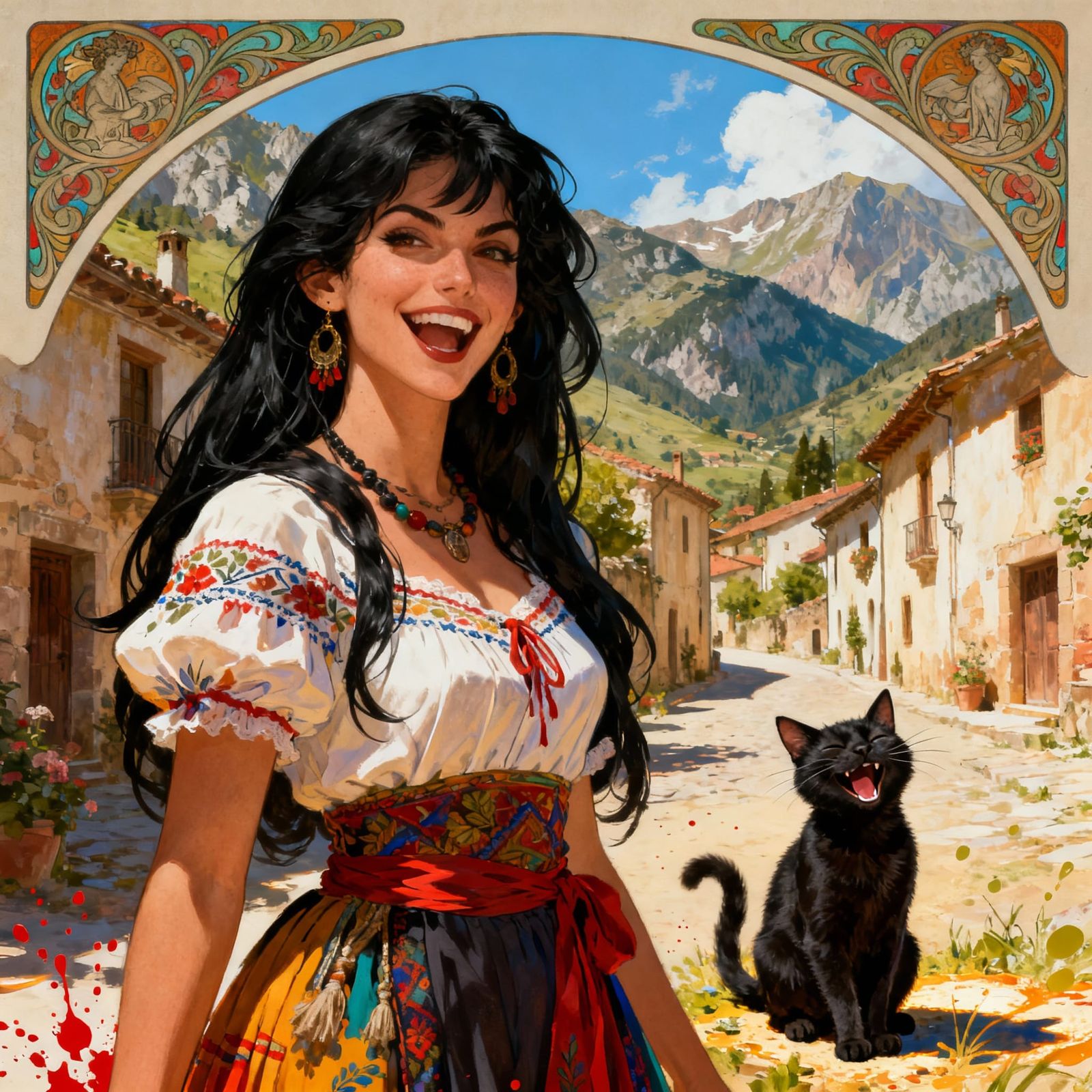 Woman and Laughing Cat in Pyrenees Village