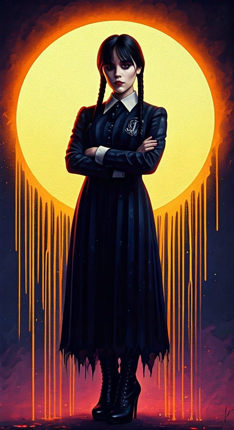 Gothic Beauty Wednesday Dances Under Cyberpunk Sun