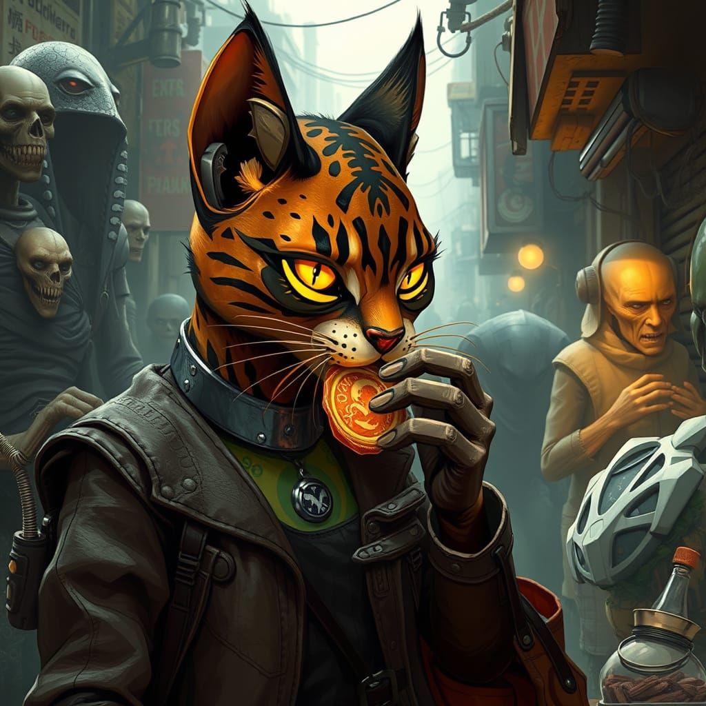 Cybernetic Cat in Alien Market, Cyberpunk Style