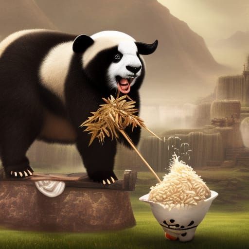 Panda Goat Hybrid Eats Rice, Holds Man: Fantasy Art