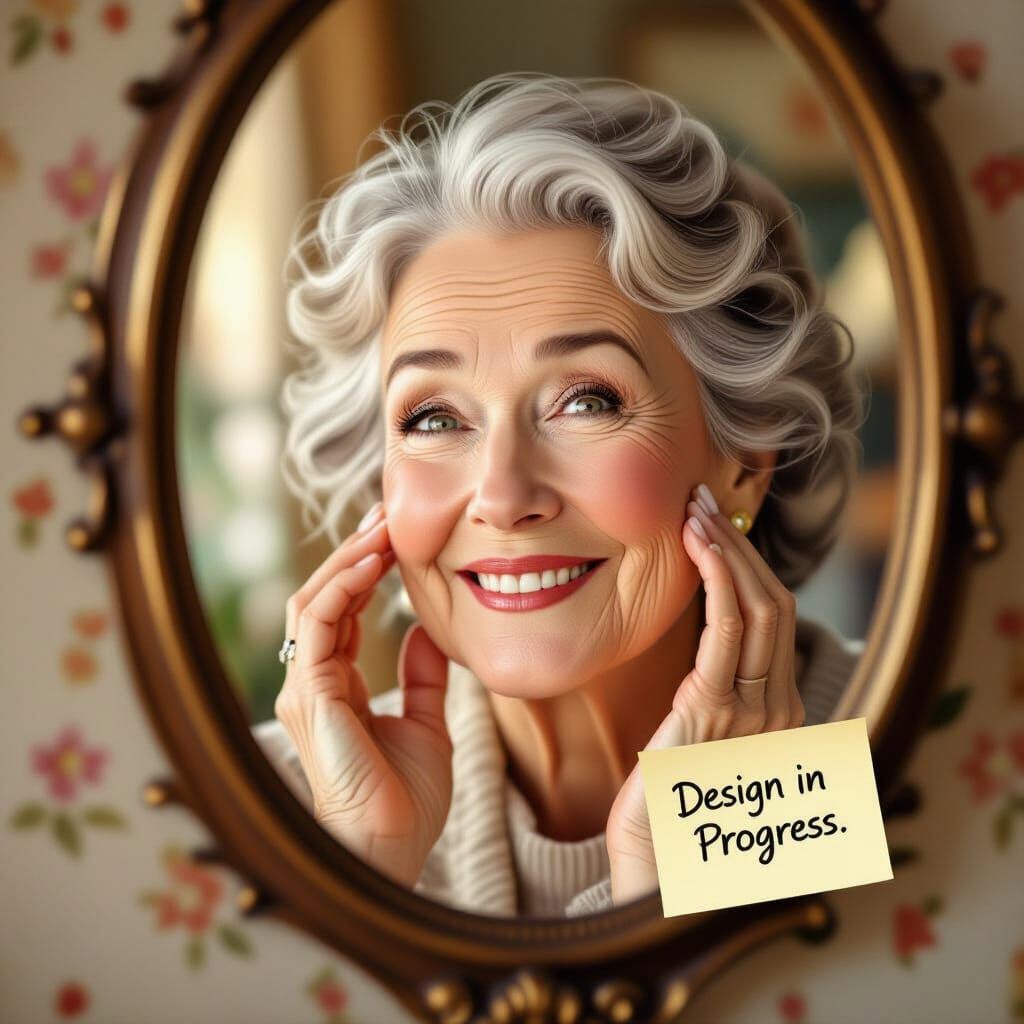 Cheerful Woman Traces Laugh Lines with Pride in Painterly St...