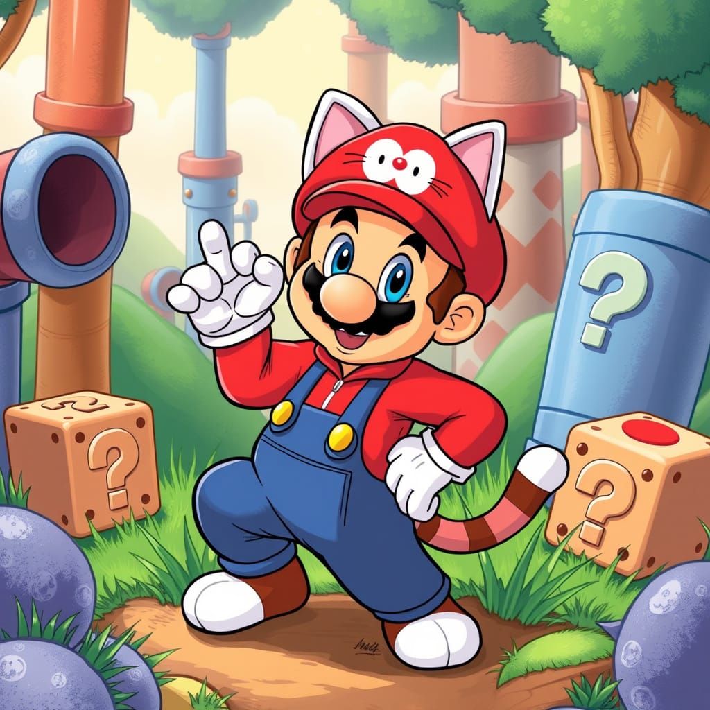 Mario in Whimsical Cat Costume, Mushroom Kingdom Scene