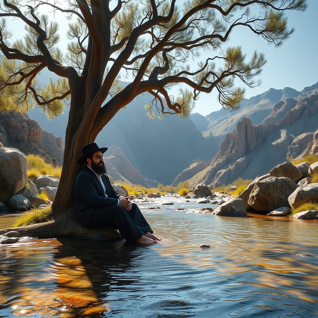 Yeshiva Student Meditates Under Tree: Photorealistic Art