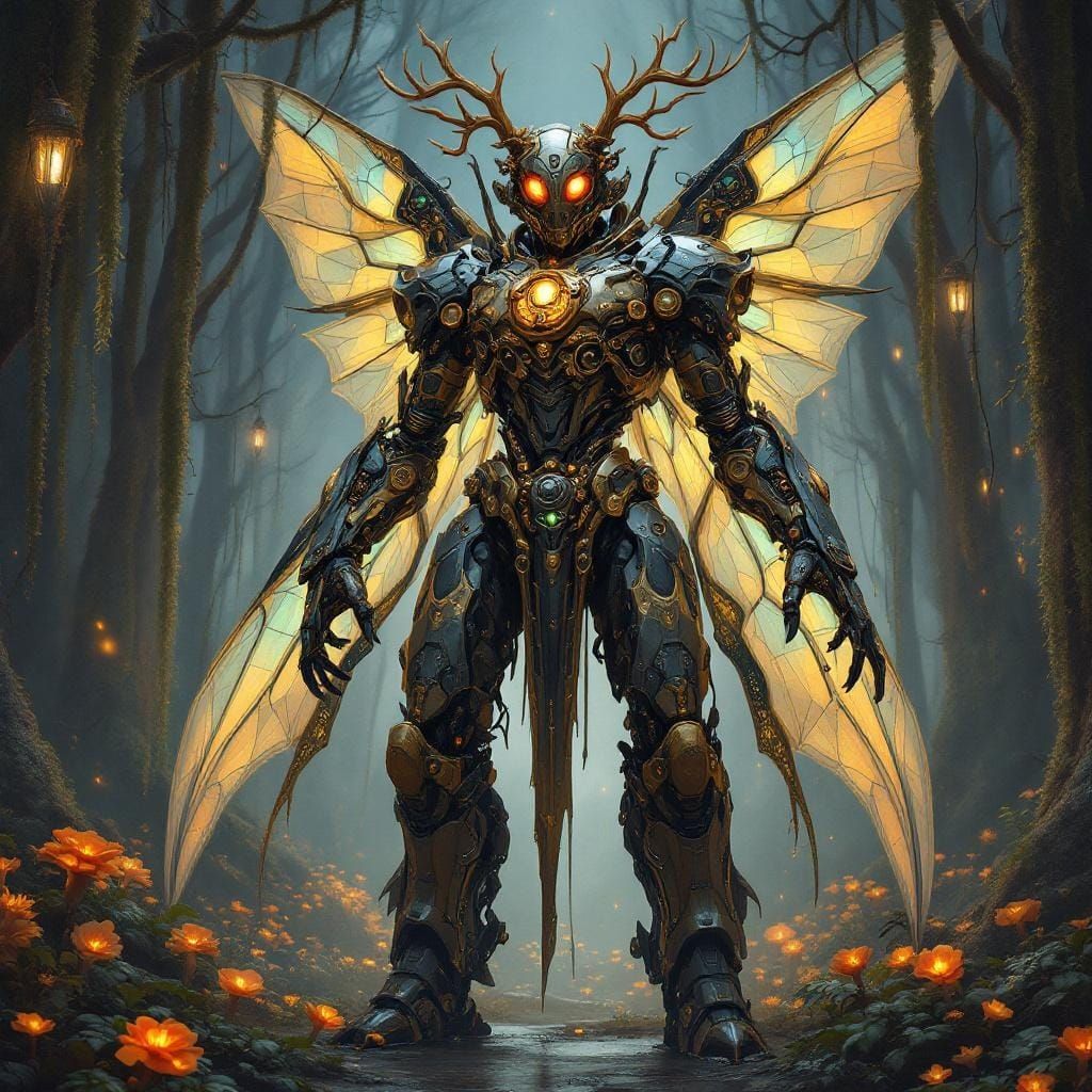Steampunk Mech Angel in Fae Forest, Biomechanical Art