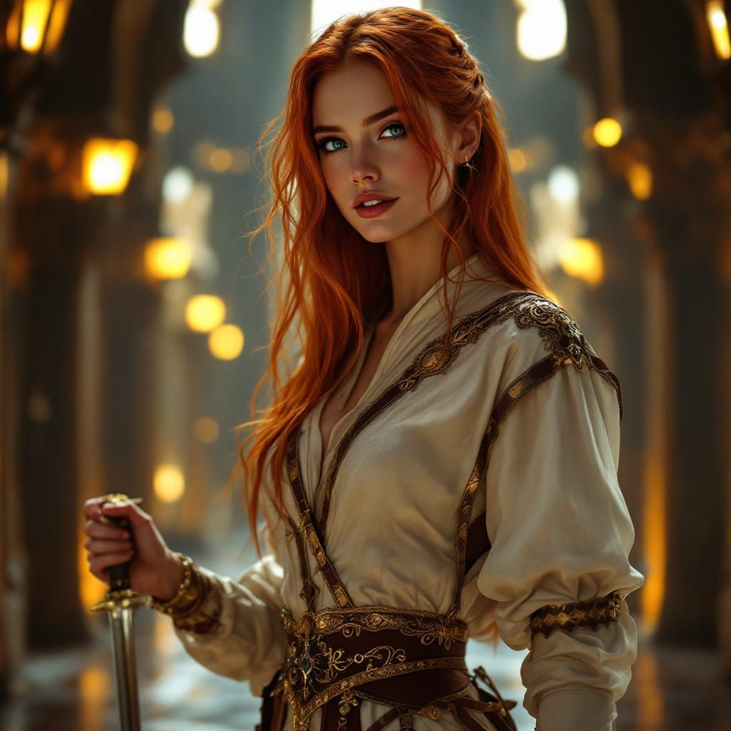 Redhead Duelist in Mucha-Inspired Art Nouveau Style