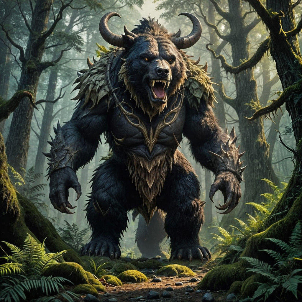 Epic Fantasy Bear-Like Creature in a Dramatic Forest Landsca...