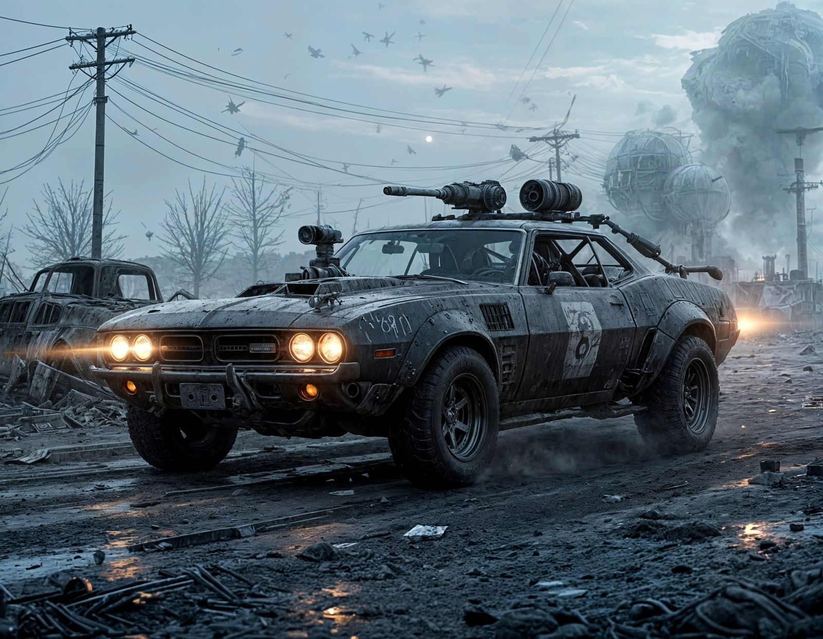 Post-Apocalyptic Armored Muscle Car in Wasteland