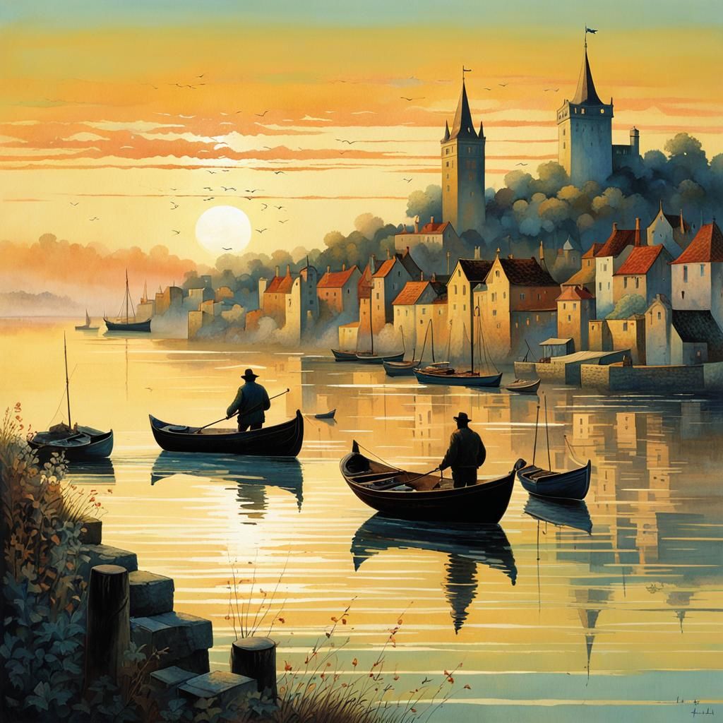 Fisherman at Dawn: Medieval Port Town